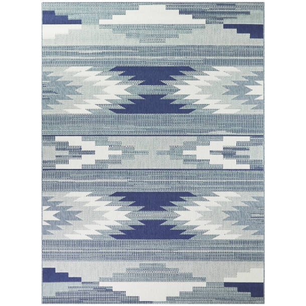 Union Rustic Pranav Flatweave Navy/Teal/White Indoor/Outdoor Rug